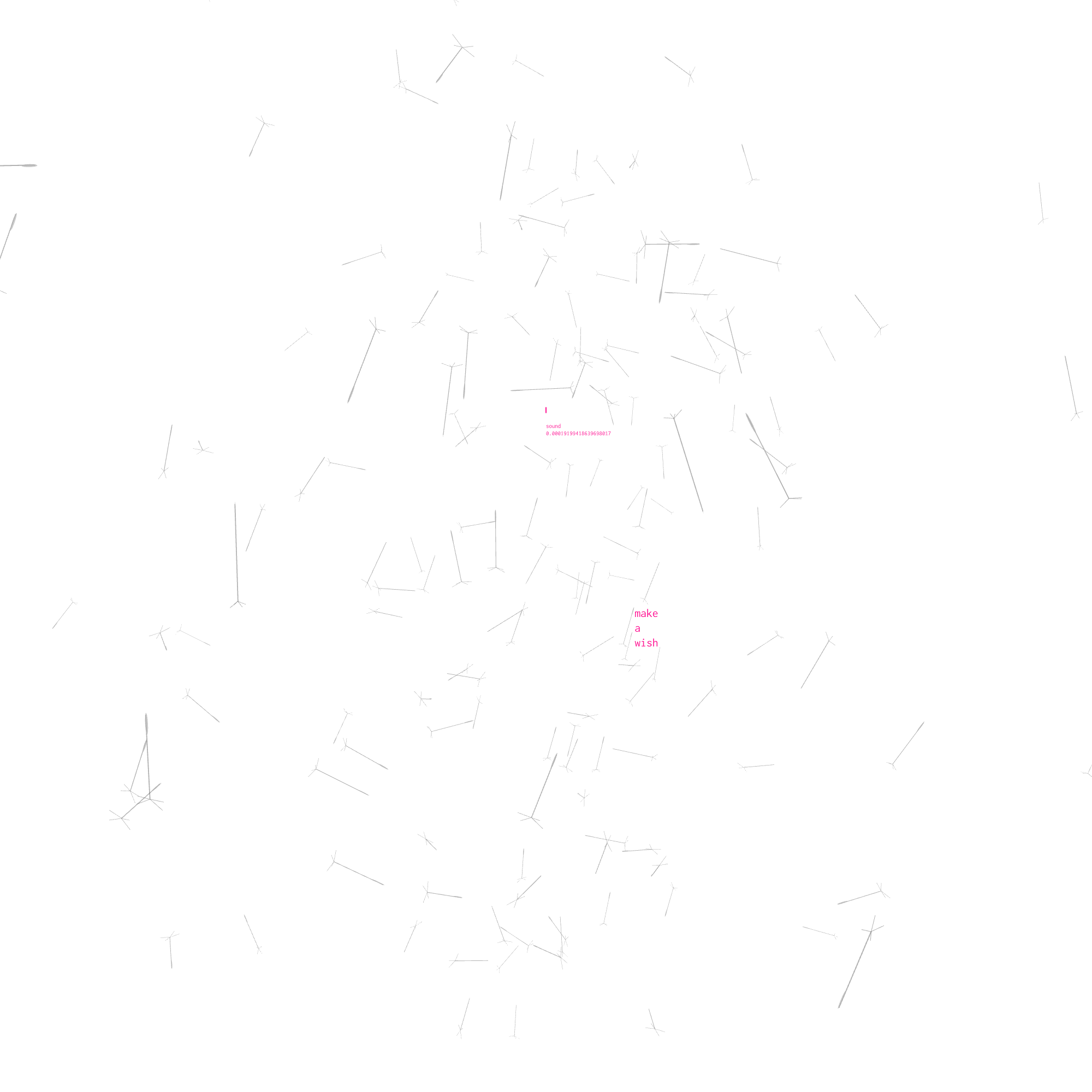 Diente de León sketch — seeds drifting across a white canvas beside the pink “make a wish” prompt