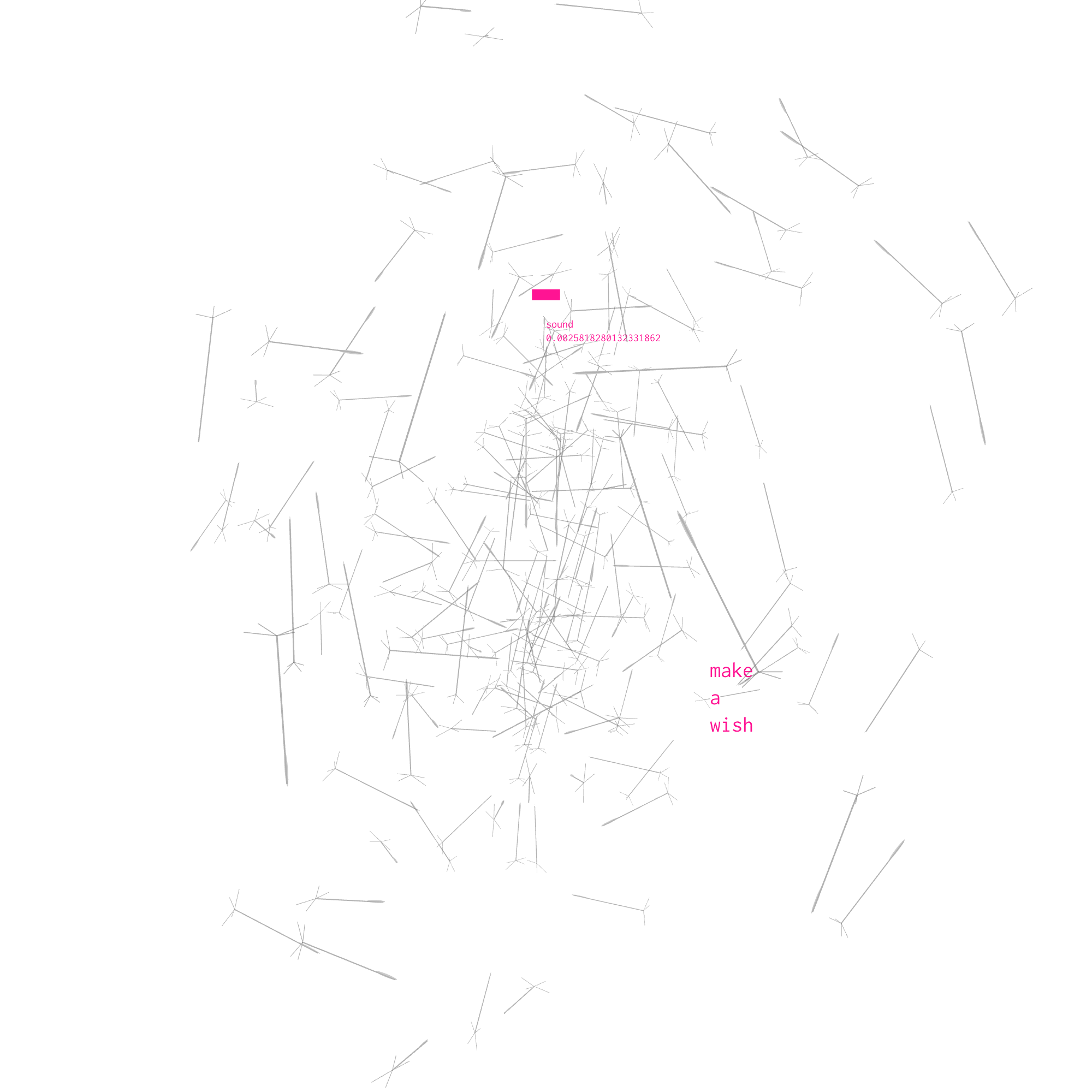Diente de León sketch — a dense seed head breaking apart as the pink mic-level meter registers a breath