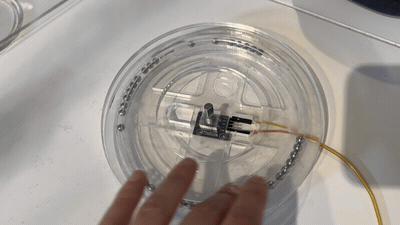 A hand adjusting a small sensor board wired and mounted inside a clear plastic housing