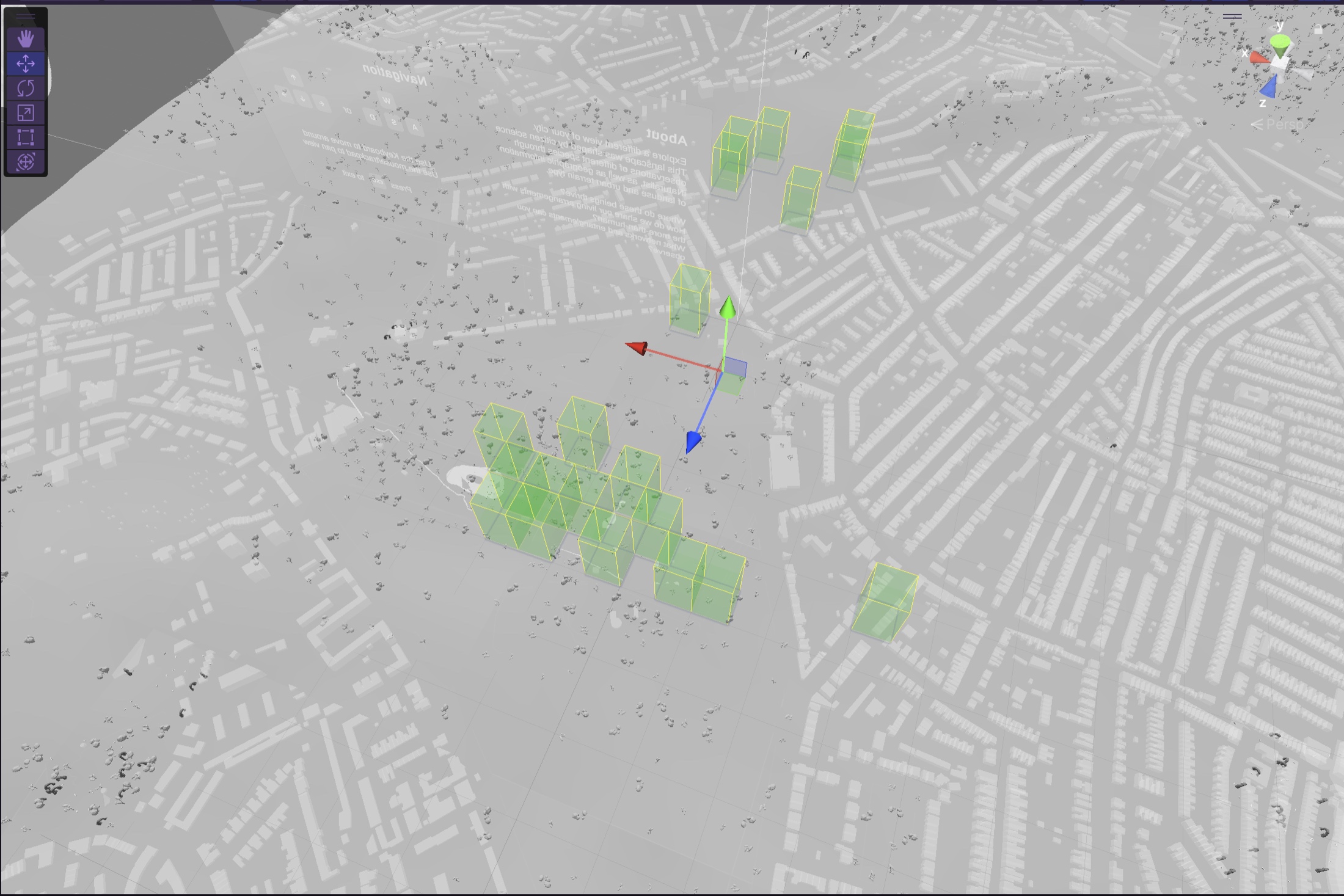 Unity editor view of observation markers and their connecting networks placed over real map geometry