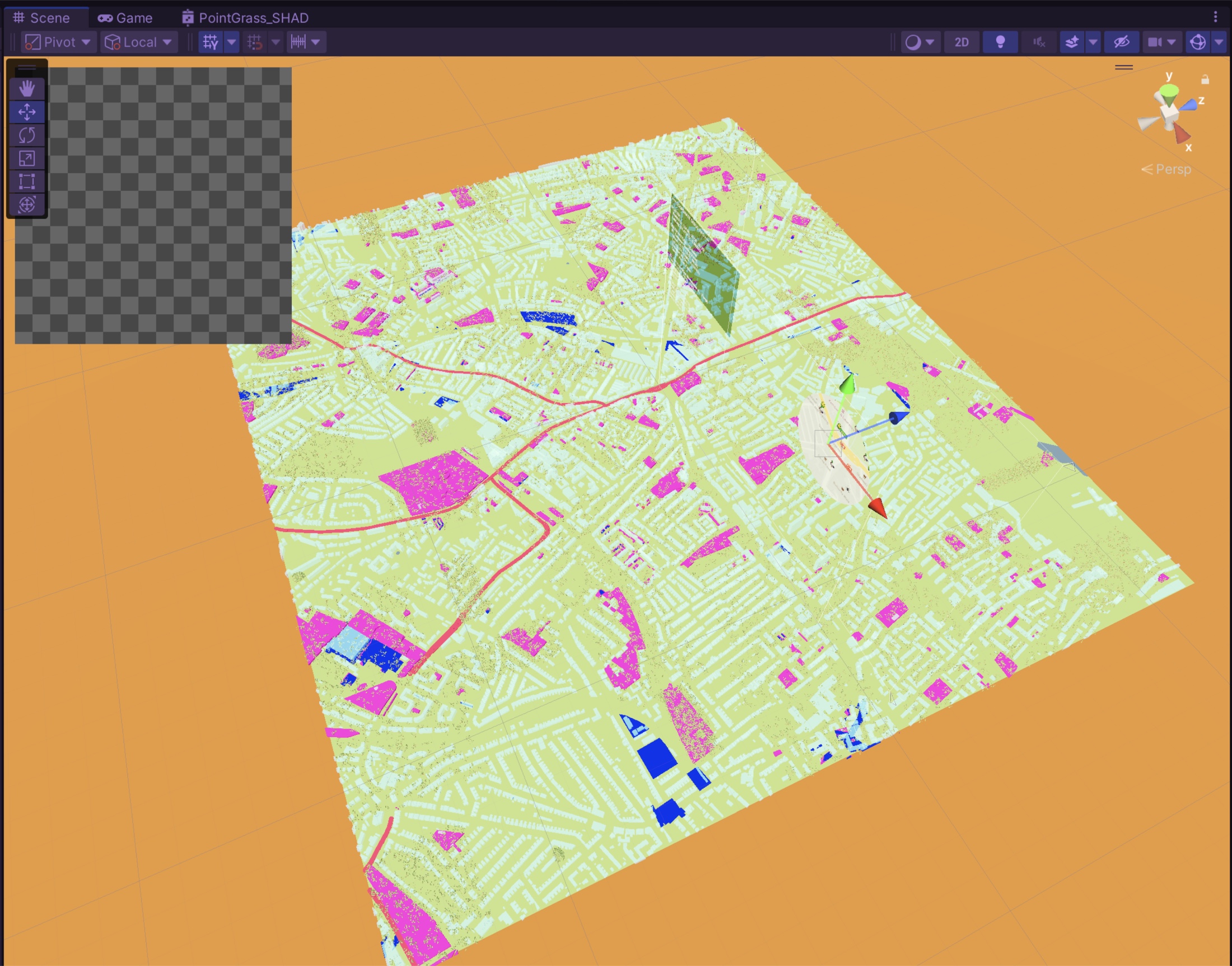 Landuse classification map used to drive procedural vegetation placement — buildings, roads, grass, and water shaded by category