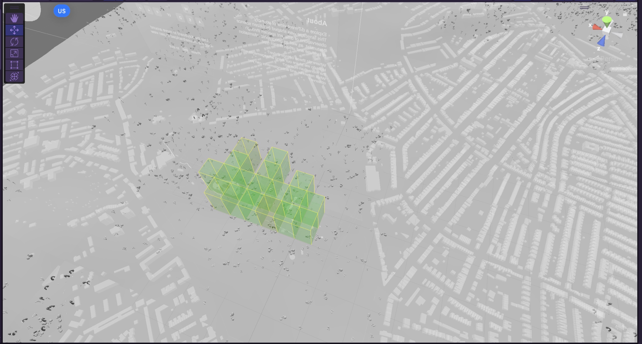 Procedurally generated building volumes placed over real map data in the Unity editor
