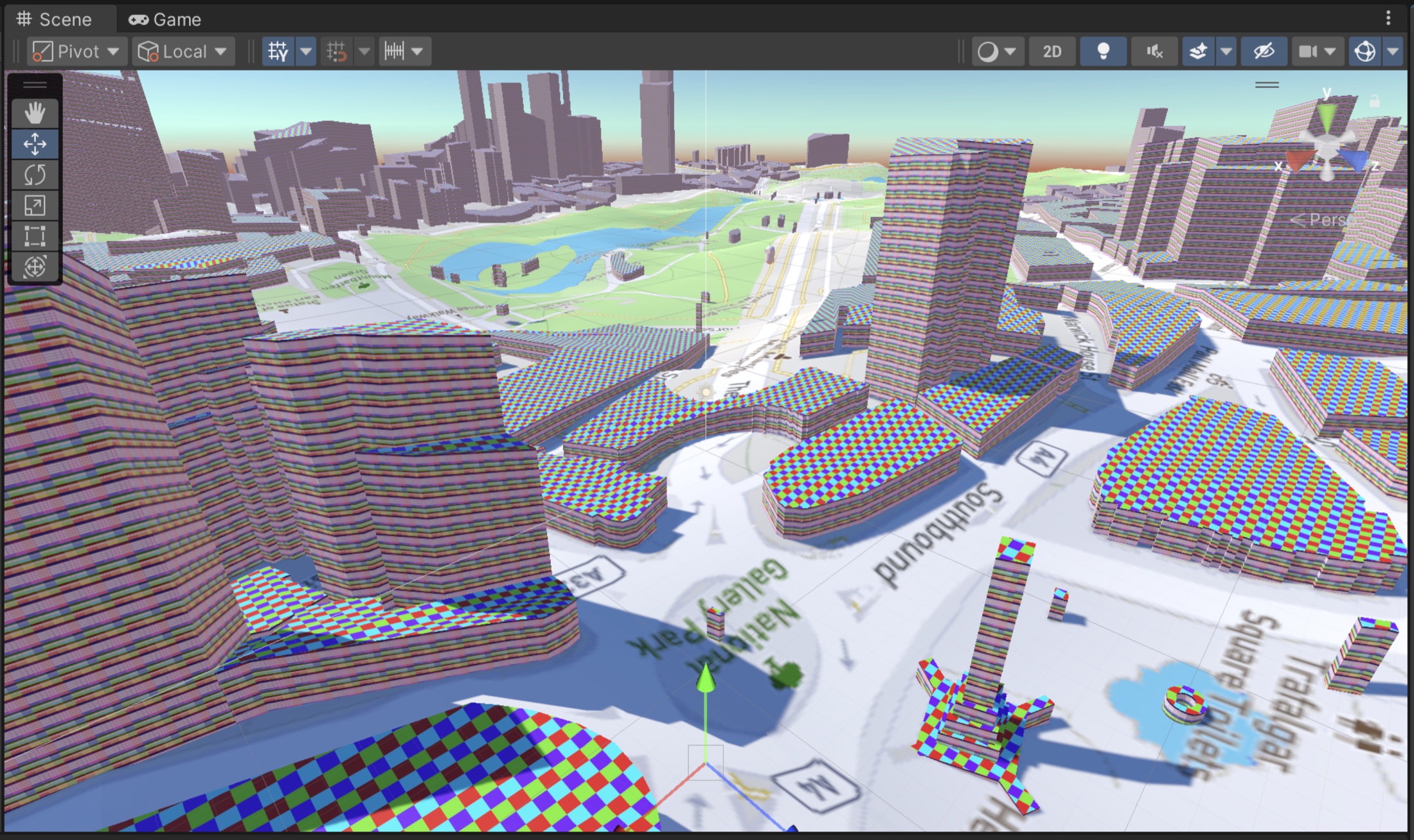 An early build iteration with placeholder textures, generating building volumes over central London