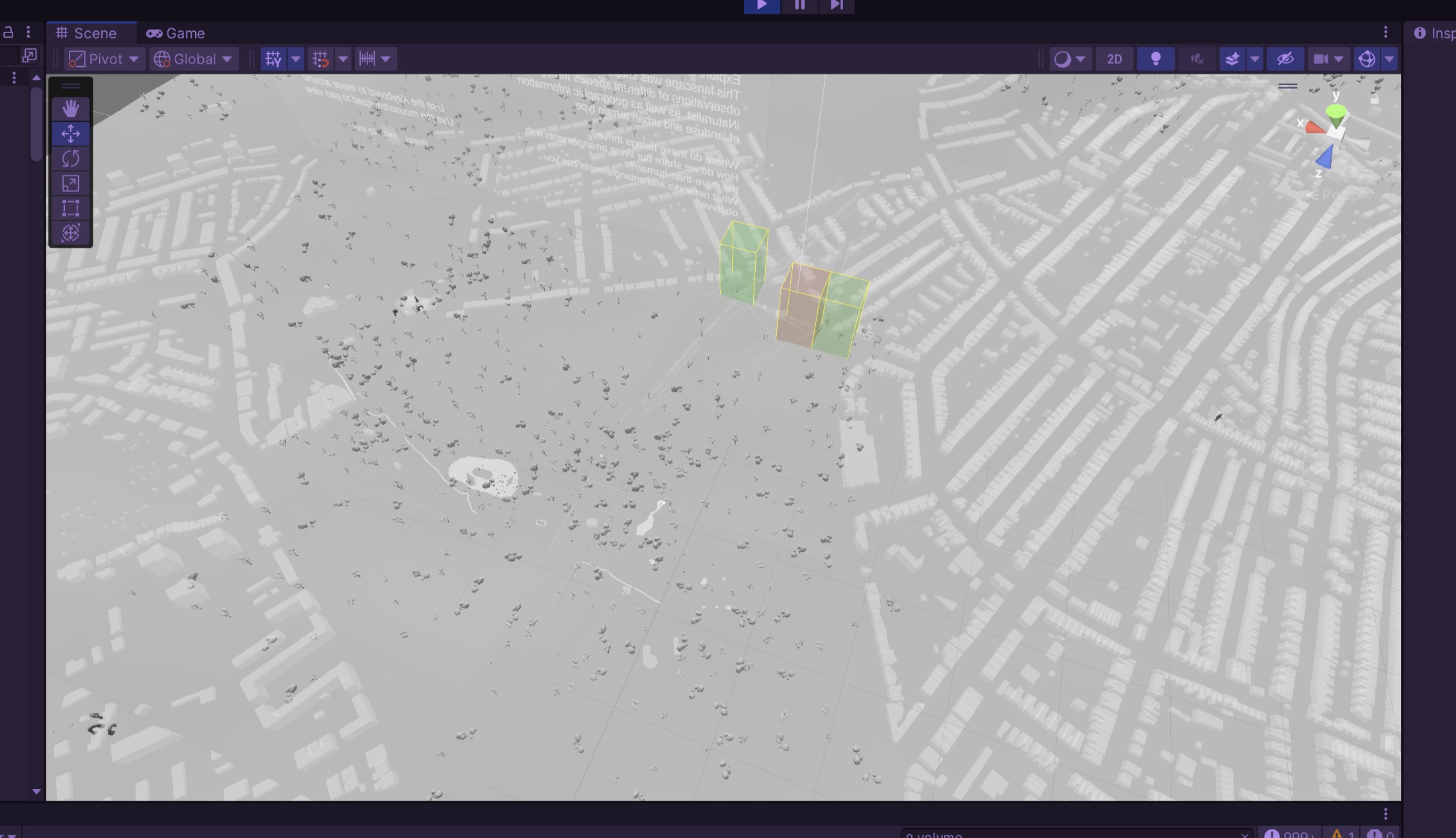 Unity editor view of isolated procedurally generated building clusters