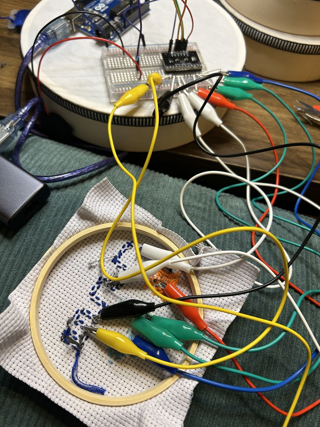 Wiring the embroidered hoop to a breadboard