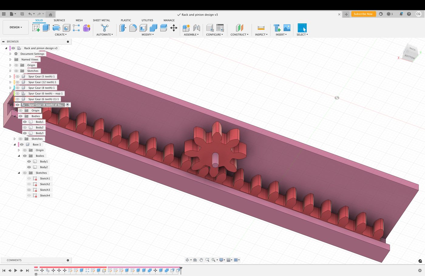 Gear running along a rail in the Fusion 360 assembly