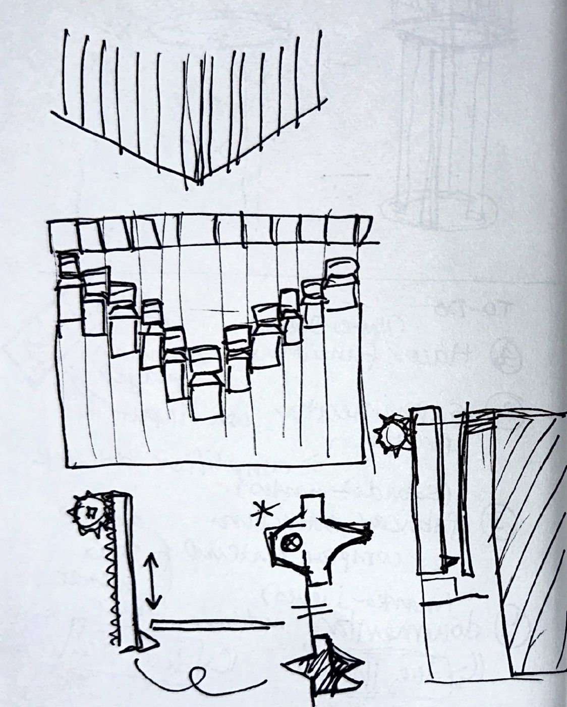 Sketchbook page — comb and gear mechanism