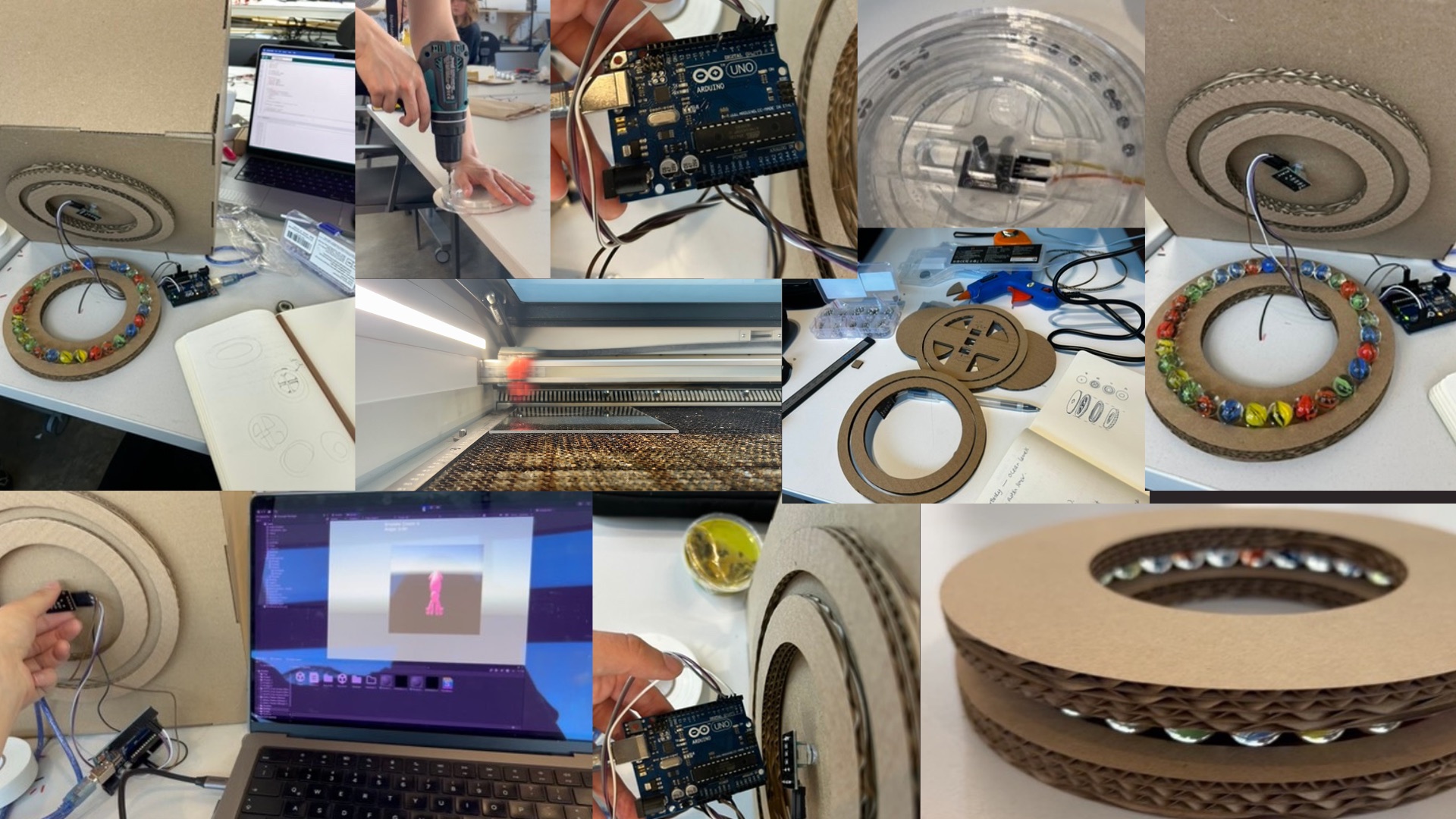 Build collage — laser-cut turntable rings, bearings, Arduino wiring, and the Unity scene running on a laptop