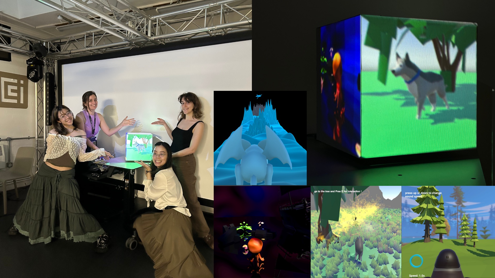 Exhibition collage — the team beside the glowing cube in the gallery, with in-cube scenes of a wolf, an octopus, and a forest