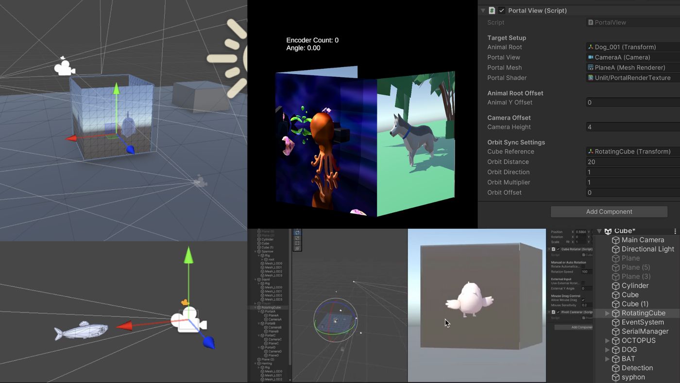 Unity editor — the cube faces and animal scenes